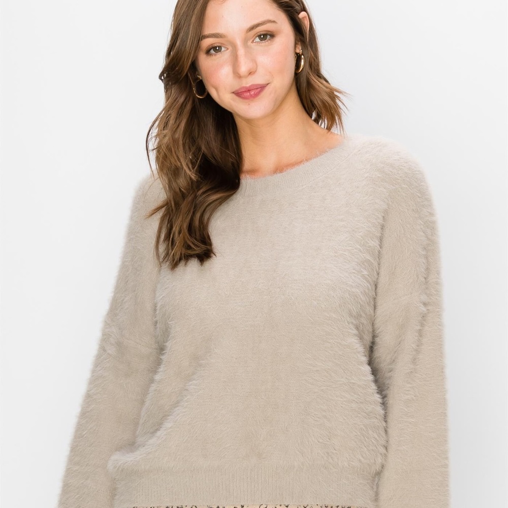 Boutique NWT Round Neck Fuzzy Sweater-Stone - Picture 2 of 5